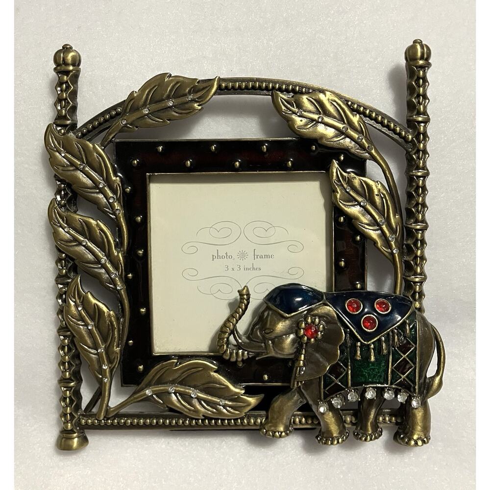 Antique Brass Enamel Jeweled Picture Frame for 3X3 Photo Circus Elephant NWOT